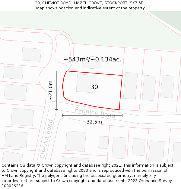 30, CHEVIOT ROAD, HAZEL GROVE, STOCKPORT, SK7 5BH: Plot and title map