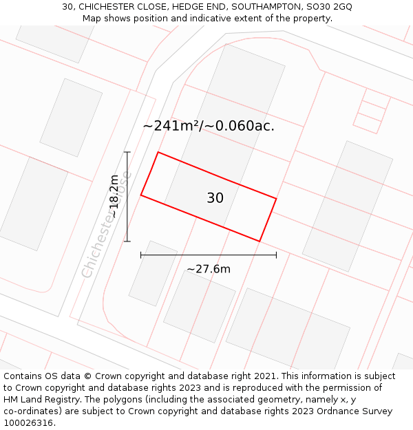 30, CHICHESTER CLOSE, HEDGE END, SOUTHAMPTON, SO30 2GQ: Plot and title map