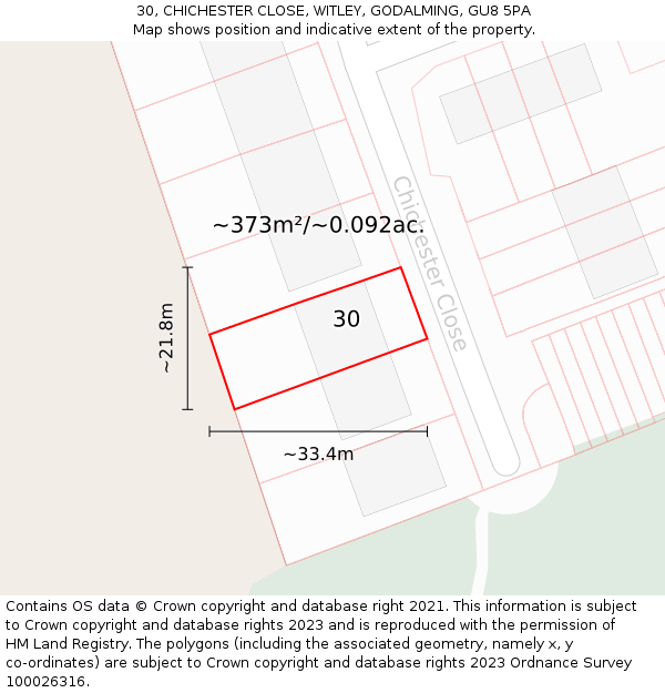 30, CHICHESTER CLOSE, WITLEY, GODALMING, GU8 5PA: Plot and title map