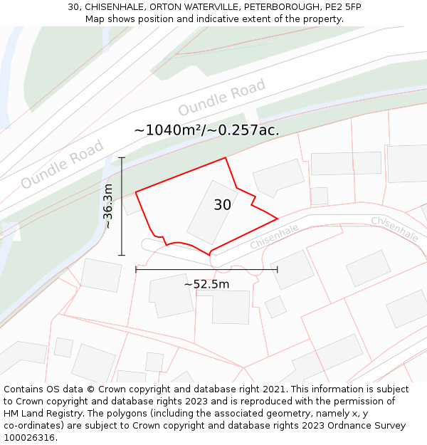 30, CHISENHALE, ORTON WATERVILLE, PETERBOROUGH, PE2 5FP: Plot and title map