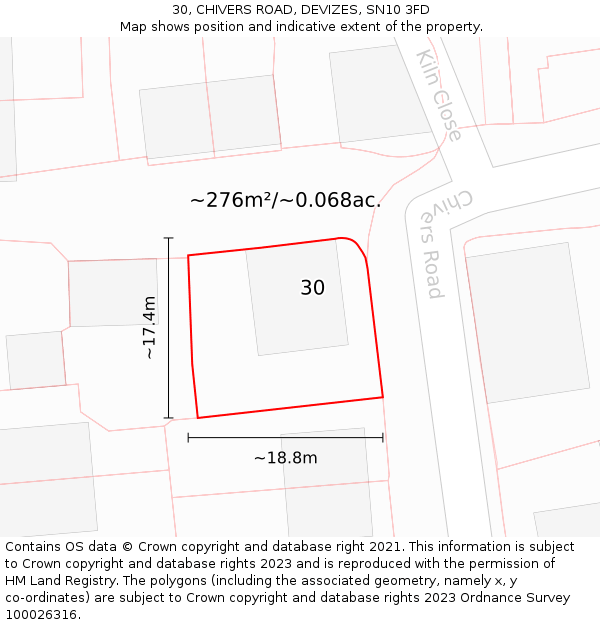 30, CHIVERS ROAD, DEVIZES, SN10 3FD: Plot and title map
