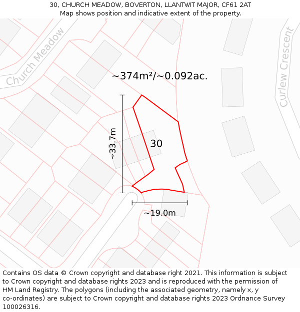 30, CHURCH MEADOW, BOVERTON, LLANTWIT MAJOR, CF61 2AT: Plot and title map