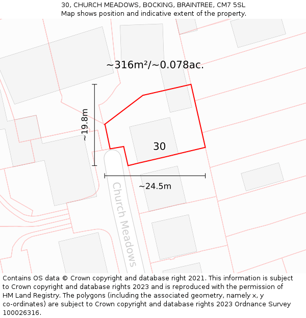 30, CHURCH MEADOWS, BOCKING, BRAINTREE, CM7 5SL: Plot and title map