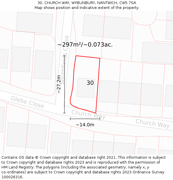 30, CHURCH WAY, WYBUNBURY, NANTWICH, CW5 7SA: Plot and title map