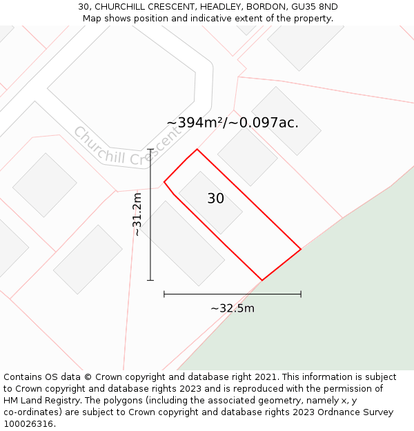30, CHURCHILL CRESCENT, HEADLEY, BORDON, GU35 8ND: Plot and title map