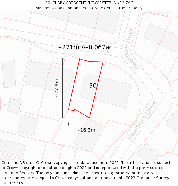 30, CLARK CRESCENT, TOWCESTER, NN12 7AG: Plot and title map