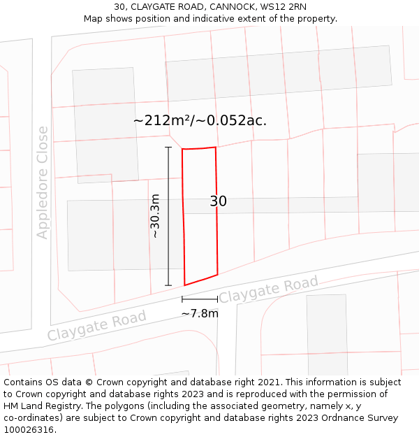 30, CLAYGATE ROAD, CANNOCK, WS12 2RN: Plot and title map