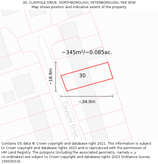 30, CLAYPOLE DRIVE, NORTHBOROUGH, PETERBOROUGH, PE6 9DW: Plot and title map