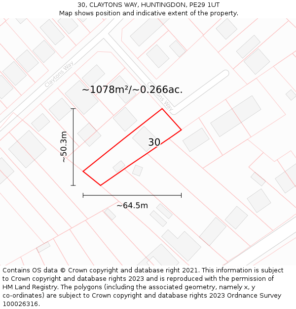 30, CLAYTONS WAY, HUNTINGDON, PE29 1UT: Plot and title map