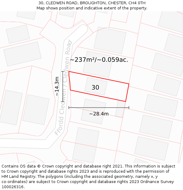 30, CLEDWEN ROAD, BROUGHTON, CHESTER, CH4 0TH: Plot and title map