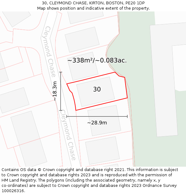 30, CLEYMOND CHASE, KIRTON, BOSTON, PE20 1DP: Plot and title map