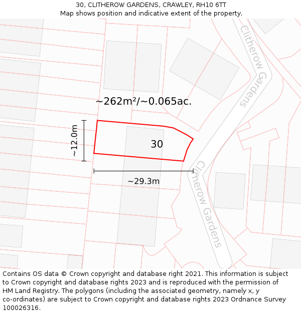 30, CLITHEROW GARDENS, CRAWLEY, RH10 6TT: Plot and title map