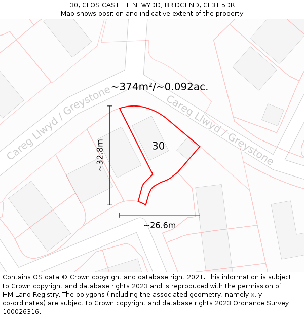 30, CLOS CASTELL NEWYDD, BRIDGEND, CF31 5DR: Plot and title map