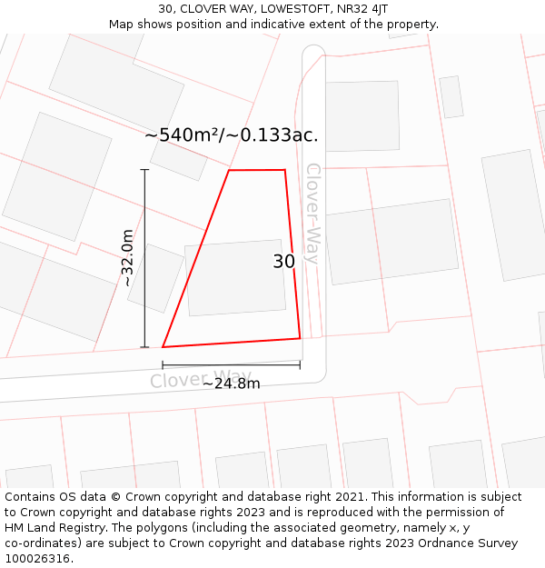 30, CLOVER WAY, LOWESTOFT, NR32 4JT: Plot and title map