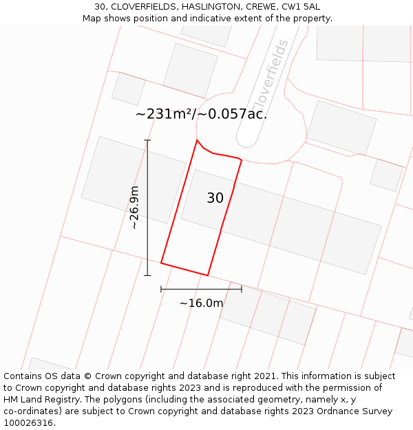 30, CLOVERFIELDS, HASLINGTON, CREWE, CW1 5AL: Plot and title map