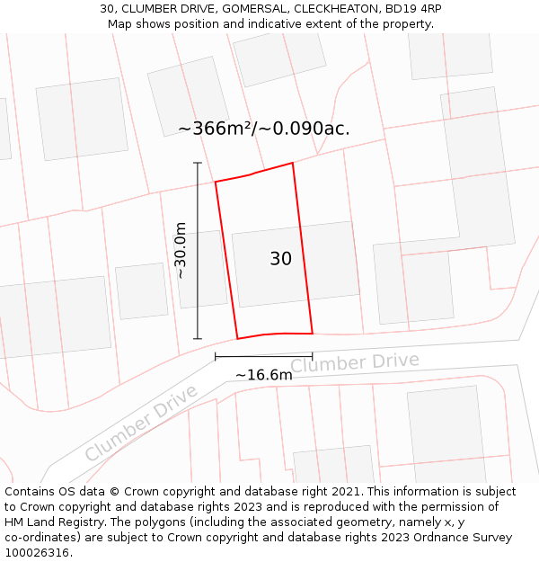 30, CLUMBER DRIVE, GOMERSAL, CLECKHEATON, BD19 4RP: Plot and title map