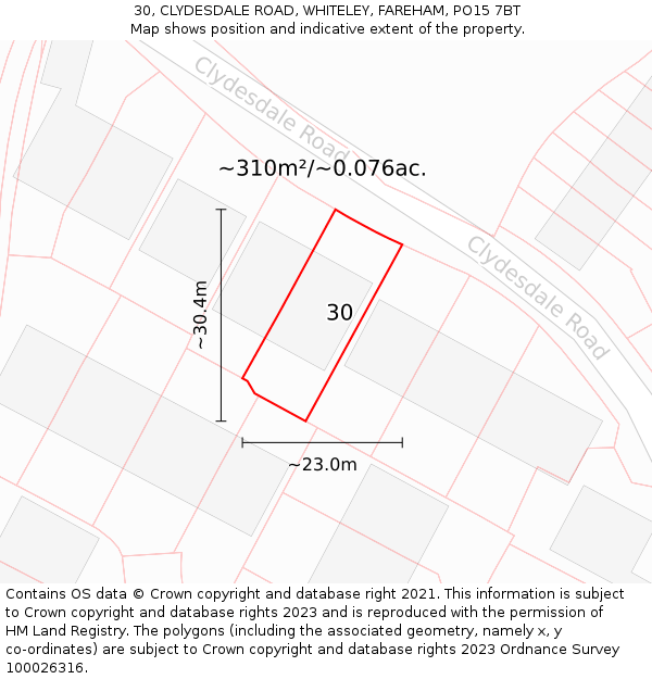 30, CLYDESDALE ROAD, WHITELEY, FAREHAM, PO15 7BT: Plot and title map