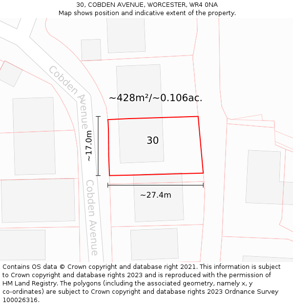 30, COBDEN AVENUE, WORCESTER, WR4 0NA: Plot and title map