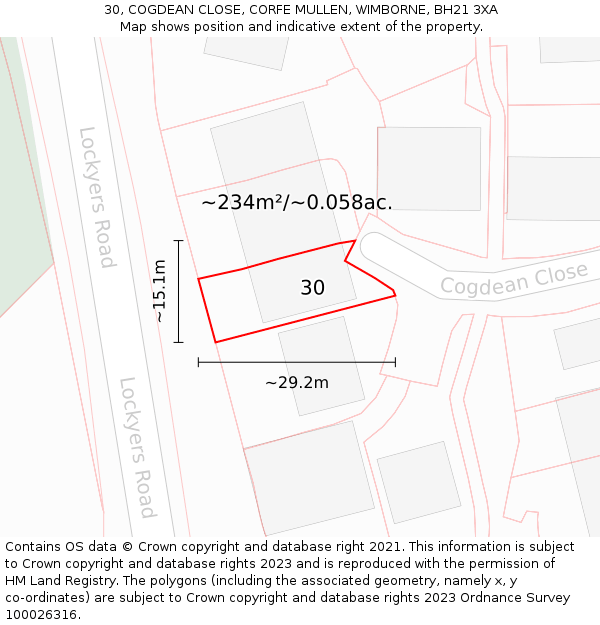30, COGDEAN CLOSE, CORFE MULLEN, WIMBORNE, BH21 3XA: Plot and title map