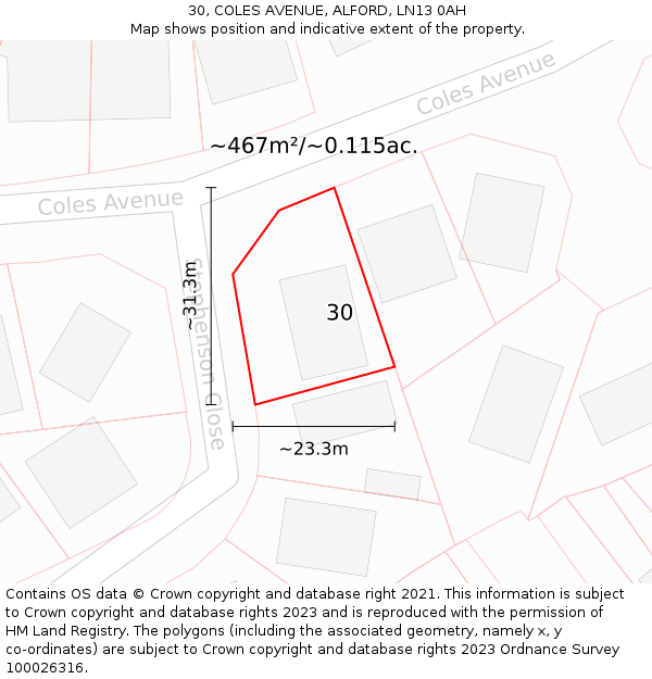 30, COLES AVENUE, ALFORD, LN13 0AH: Plot and title map