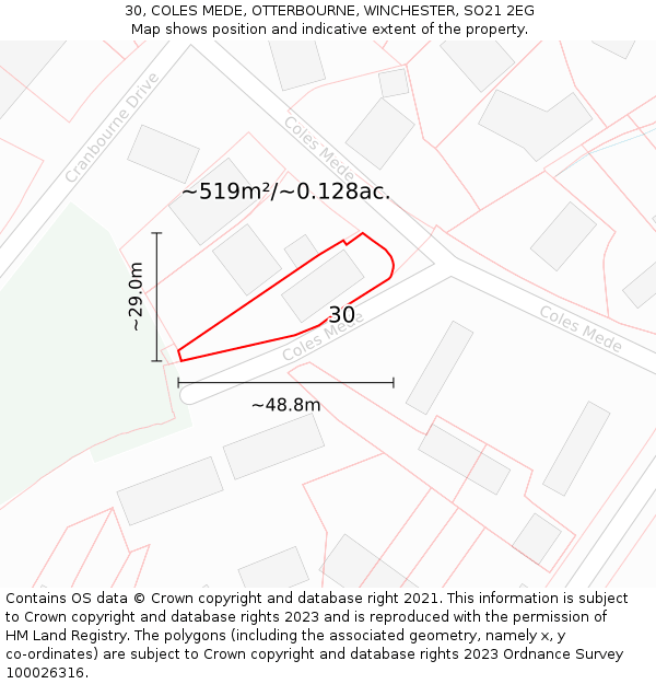 30, COLES MEDE, OTTERBOURNE, WINCHESTER, SO21 2EG: Plot and title map