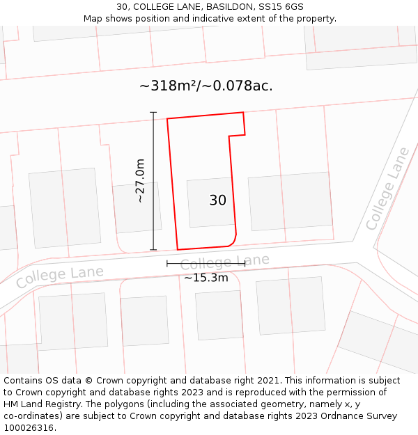 30, COLLEGE LANE, BASILDON, SS15 6GS: Plot and title map