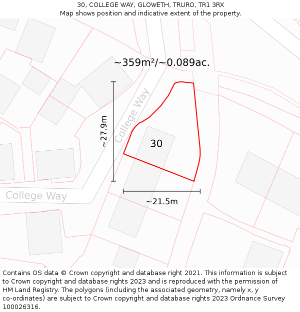 30, COLLEGE WAY, GLOWETH, TRURO, TR1 3RX: Plot and title map