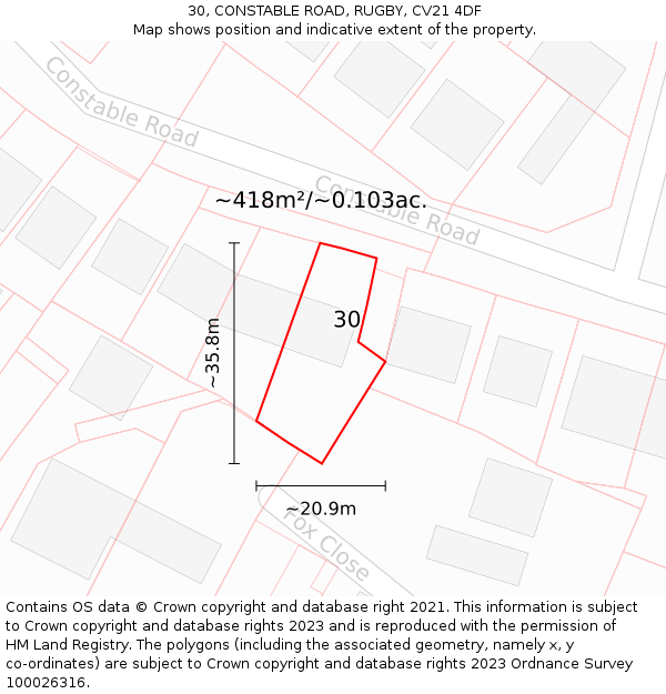 30, CONSTABLE ROAD, RUGBY, CV21 4DF: Plot and title map