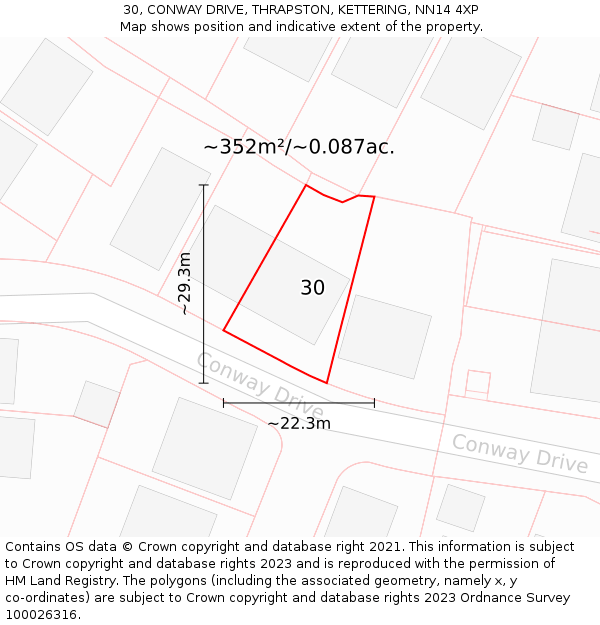 30, CONWAY DRIVE, THRAPSTON, KETTERING, NN14 4XP: Plot and title map