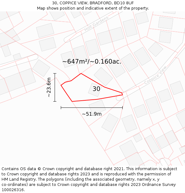 30, COPPICE VIEW, BRADFORD, BD10 8UF: Plot and title map