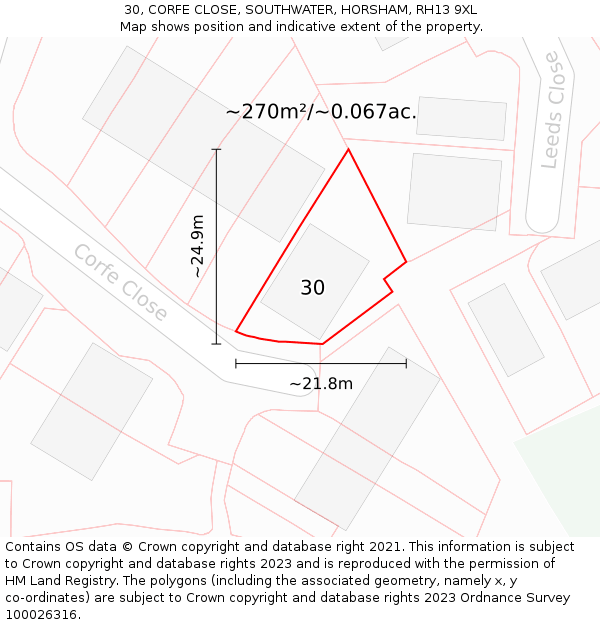 30, CORFE CLOSE, SOUTHWATER, HORSHAM, RH13 9XL: Plot and title map