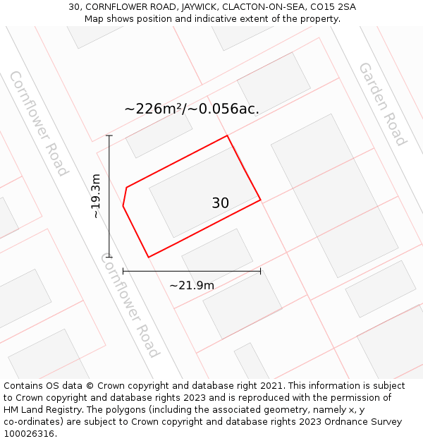 30, CORNFLOWER ROAD, JAYWICK, CLACTON-ON-SEA, CO15 2SA: Plot and title map