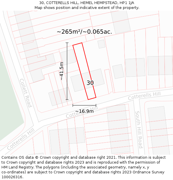 30, COTTERELLS HILL, HEMEL HEMPSTEAD, HP1 1JA: Plot and title map