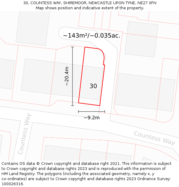 30, COUNTESS WAY, SHIREMOOR, NEWCASTLE UPON TYNE, NE27 0FN: Plot and title map