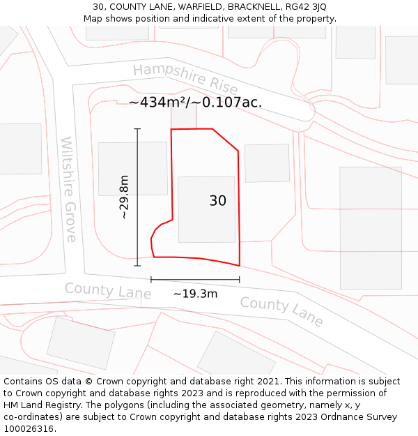 30, COUNTY LANE, WARFIELD, BRACKNELL, RG42 3JQ: Plot and title map