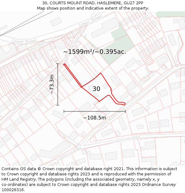 30, COURTS MOUNT ROAD, HASLEMERE, GU27 2PP: Plot and title map