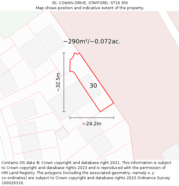30, COWAN DRIVE, STAFFORD, ST16 3FA: Plot and title map