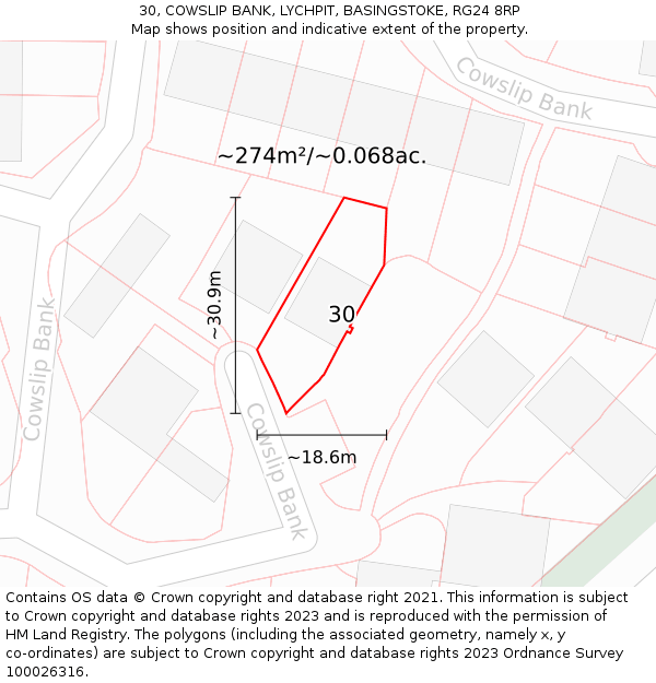 30, COWSLIP BANK, LYCHPIT, BASINGSTOKE, RG24 8RP: Plot and title map