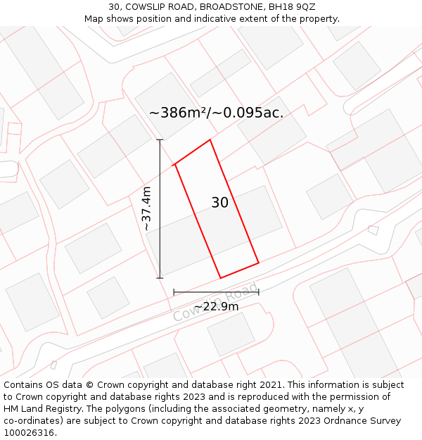 30, COWSLIP ROAD, BROADSTONE, BH18 9QZ: Plot and title map