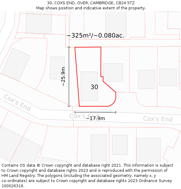 30, COXS END, OVER, CAMBRIDGE, CB24 5TZ: Plot and title map