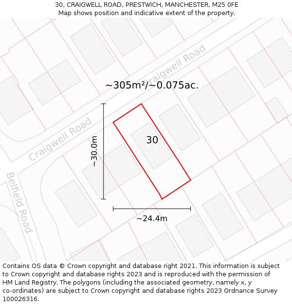 30, CRAIGWELL ROAD, PRESTWICH, MANCHESTER, M25 0FE: Plot and title map