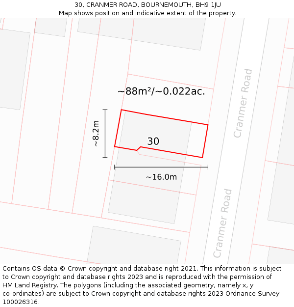 30, CRANMER ROAD, BOURNEMOUTH, BH9 1JU: Plot and title map