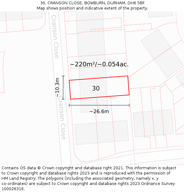 30, CRANSON CLOSE, BOWBURN, DURHAM, DH6 5BF: Plot and title map