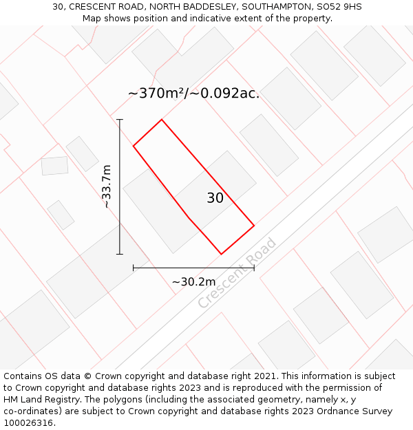 30, CRESCENT ROAD, NORTH BADDESLEY, SOUTHAMPTON, SO52 9HS: Plot and title map