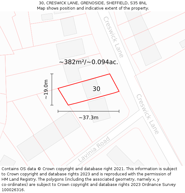 30, CRESWICK LANE, GRENOSIDE, SHEFFIELD, S35 8NL: Plot and title map