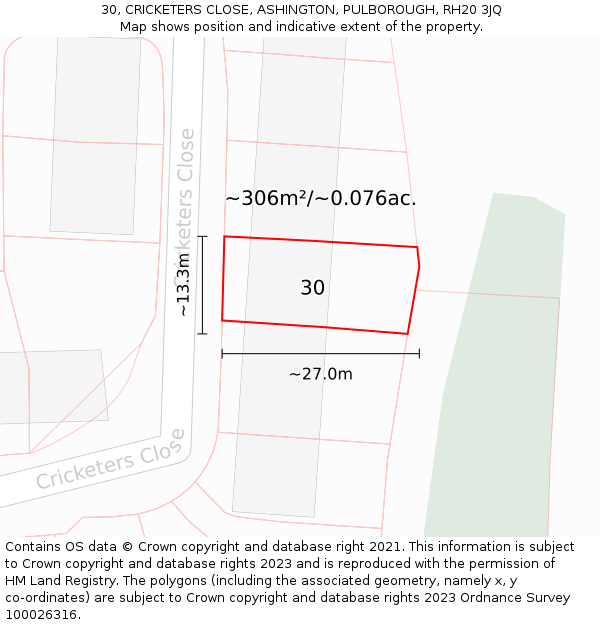 30, CRICKETERS CLOSE, ASHINGTON, PULBOROUGH, RH20 3JQ: Plot and title map