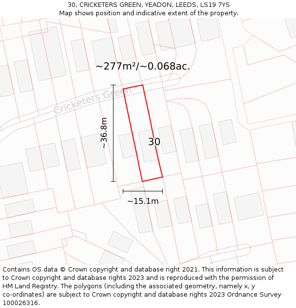 30, CRICKETERS GREEN, YEADON, LEEDS, LS19 7YS: Plot and title map
