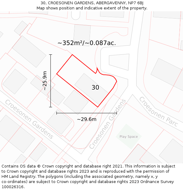 30, CROESONEN GARDENS, ABERGAVENNY, NP7 6BJ: Plot and title map