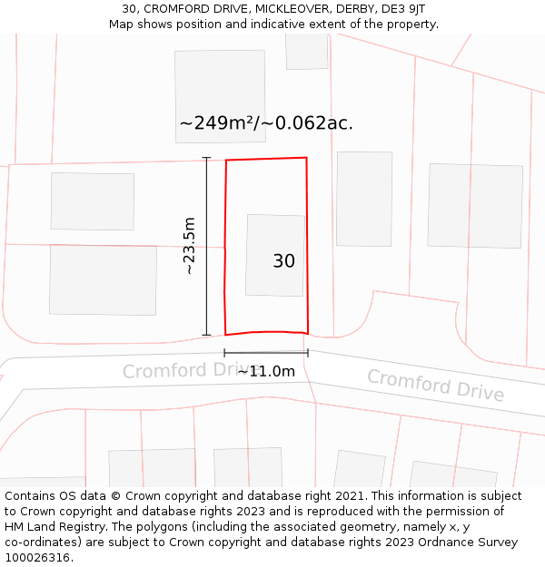 30, CROMFORD DRIVE, MICKLEOVER, DERBY, DE3 9JT: Plot and title map
