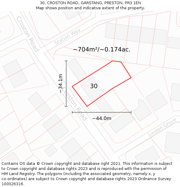 30, CROSTON ROAD, GARSTANG, PRESTON, PR3 1EN: Plot and title map
